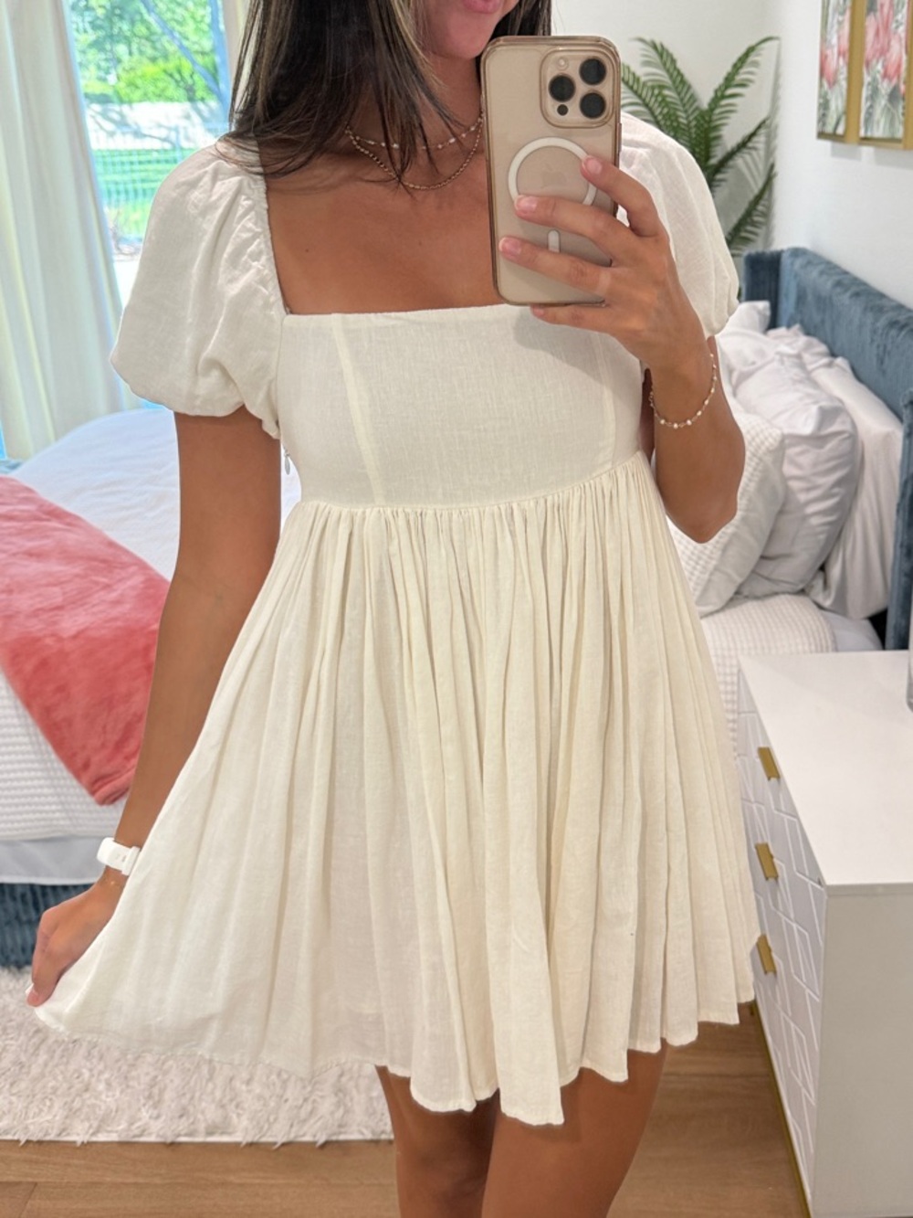 Ivory Square-Neck Babydoll Mini Dress with Puff Sleeves
